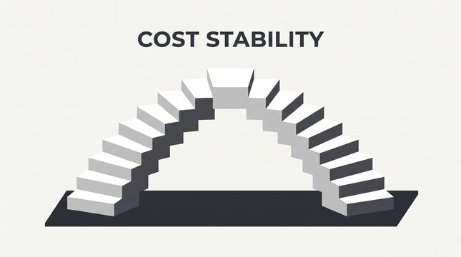 A minimalist 3D illustration of a white staircase arch representing cost stability on a clean background