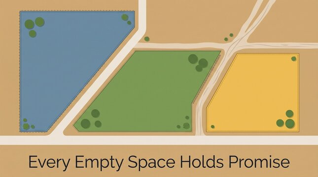 Minimalist top down illustration showing colorful land plots and roads with a motivational message about future potential
