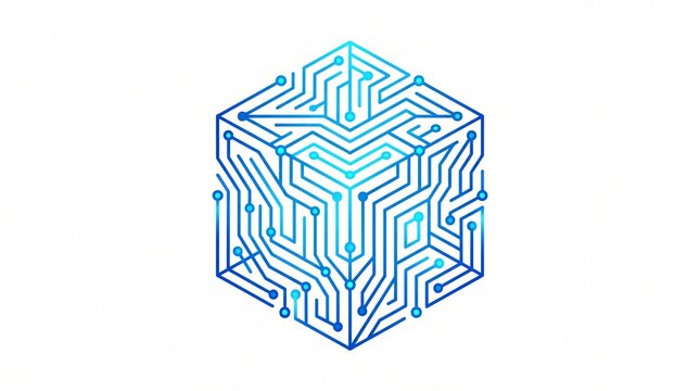Geometric tech cube logo design with blue circuit board lines isolated on white.