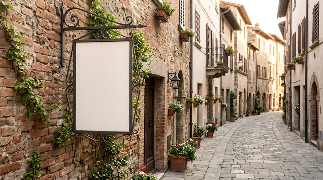 Empty metal sign on historic European stone street with flower pots