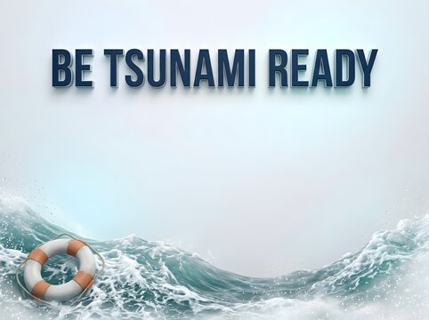 Be tsunami ready text with lifebuoy ring symbol and water wave