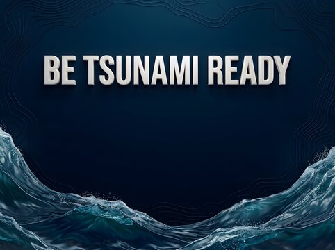 Be tsunami ready text sign with a big dark ocean wave background