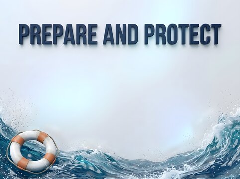Prepare and protect text with lifebuoy ring on ocean water surface