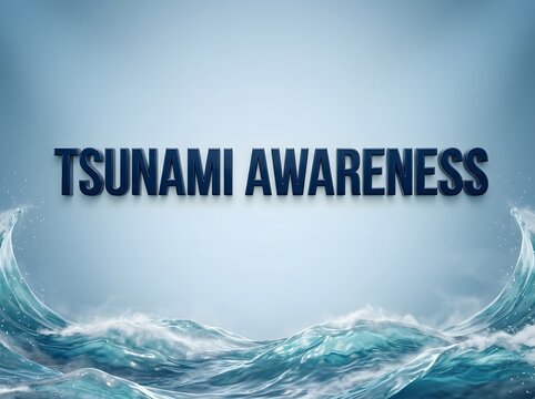 Tsunami awareness sign with blue ocean waves and text graphic