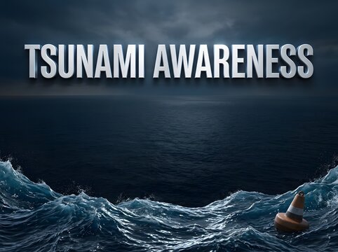 Tsunami awareness text over dark ocean waves in stormy weather