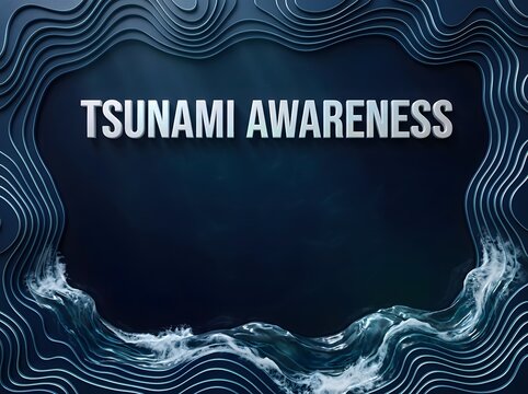 Tsunami awareness sign with abstract blue ocean wave border design