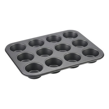 Empty twelve-cup muffin pan on white background