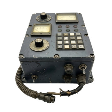 Vintage industrial control panel with analog gauges and keypad