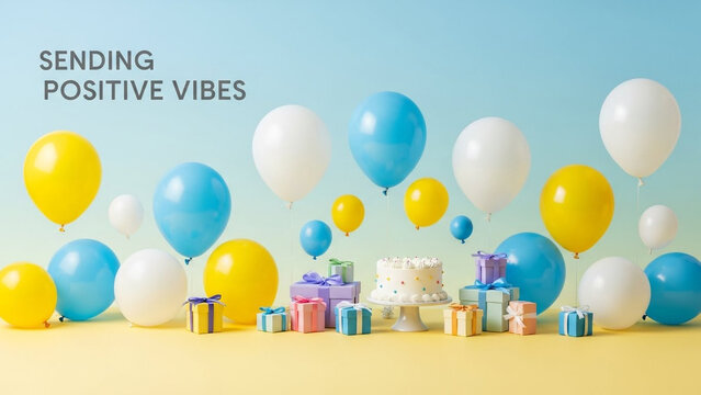 Sending positive vibes text with colorful balloons and birthday gift boxes on a cake stand against a soft blue and yellow gradient background for a festive celebration greeting card
