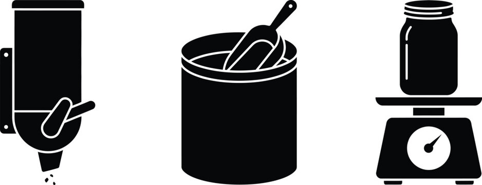 Laboratory equipment icons featuring liquid dispenser beaker with scoop and jar on scale white background measurement tool weighing