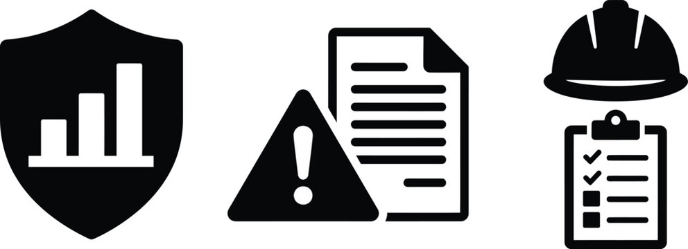 Safety and compliance icons displaying security shield warning sign and hard hat with checklist white background equipment task list