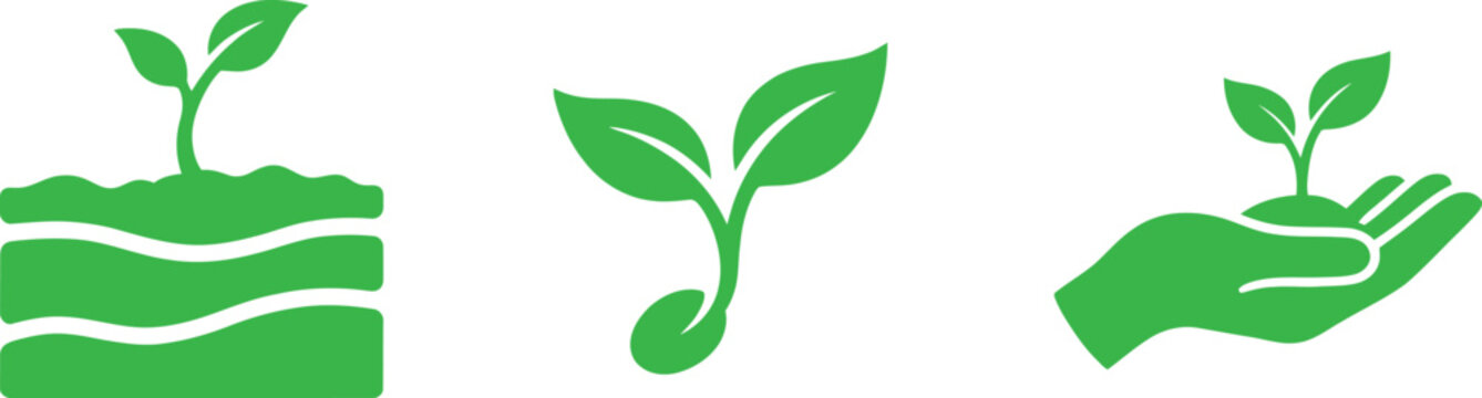 Eco friendly nature icons showing plant in soil layers small sprout and hand holding seedling white background earth day green color