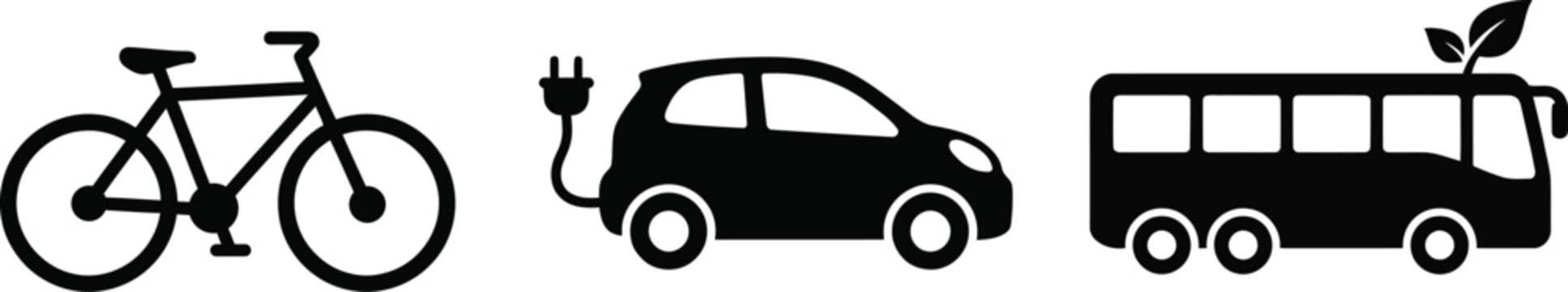 Set of eco friendly transportation modes featuring bicycle electric vehicle and public transit bus green energy sustainability