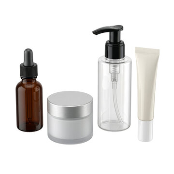 Skincare product set with dropper bottle, cream jar, pump dispenser, and tube