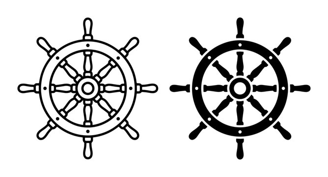 Ship steering wheel silhouettes set with nautical helm and marine control, travel and navigation