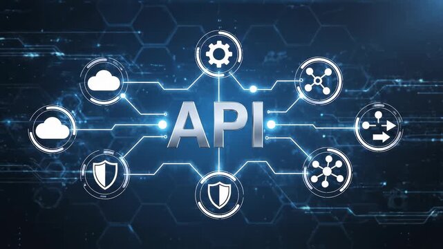 Digital API network connections with technology icons and glowing data streams on a dark blue background