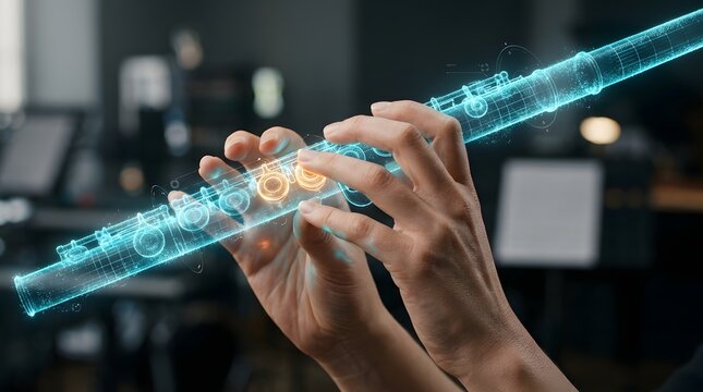 Hands playing a futuristic digital flute as a glowing blue and orange holographic projection in a dark music studio setting.