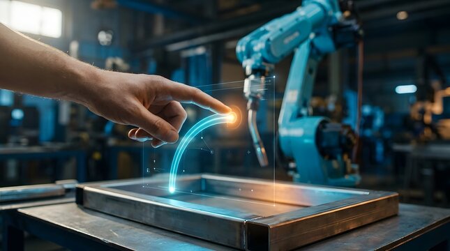 Industrial Engineer Using Augmented Reality Interface to Program Robotic Arm in Smart Factory, Future of Manufacturing Automation and Human-Robot Collaboration Concept