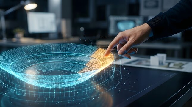 Architect interacting with a 3D holographic stadium model on a digital table in a modern design office, showcasing futuristic urban planning and sports facility engineering.