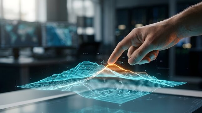 Hand touching a 3D topographic wireframe hologram on a digital tablet for data analysis, geographical mapping, and landscape modeling in a futuristic technology control room.