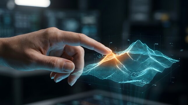 Person touching a 3D holographic terrain map interface with a digital wireframe mesh, representing topographical data visualization and advanced geographic information systems technology.