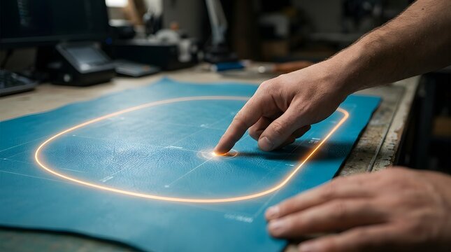 Craftsman using futuristic digital interface projected on teal leather material in workshop, high tech smart manufacturing and digital design concept