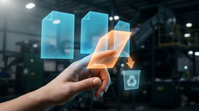 Human hand interacting with futuristic digital interface to delete or recycle electronic documents in an industrial factory setting, symbolising data management and digital transformation.