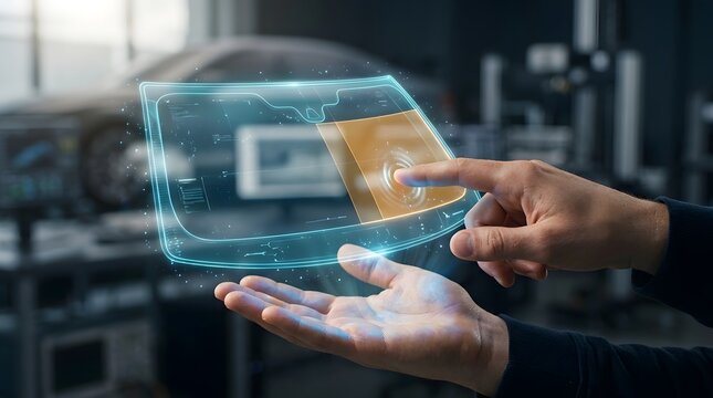 Futuristic automotive engineer interacting with a holographic car windshield interface HUD, displaying smart glass technology and augmented reality navigation in a high-tech laboratory.