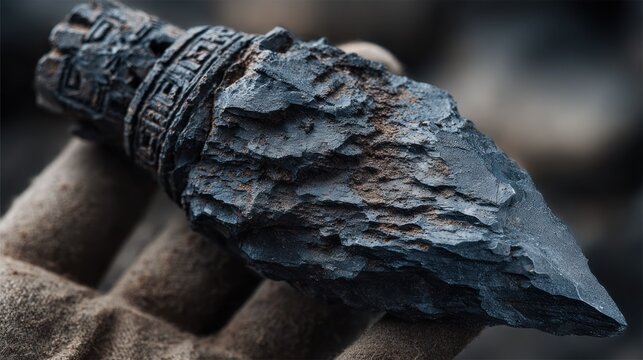 ancient metal arrowhead with intricate designs.