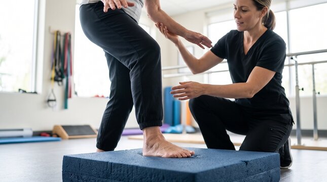 Older woman performing balance rehabilitation on a foam pad under physiotherapist supervision, focusing on ankle stability, lower body posture, coordination, and healthy aging.