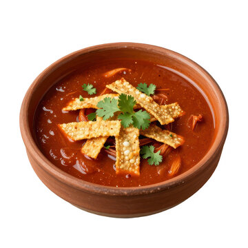 Mexican tortilla soup in clay bowl isolated on black