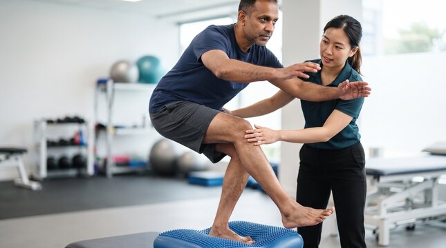 Physiotherapist Guiding Dynamic Balance Rehabilitation Exercise
