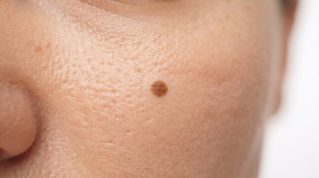Close up detail of a prominent brown pigmented mole or nevus on woman cheek