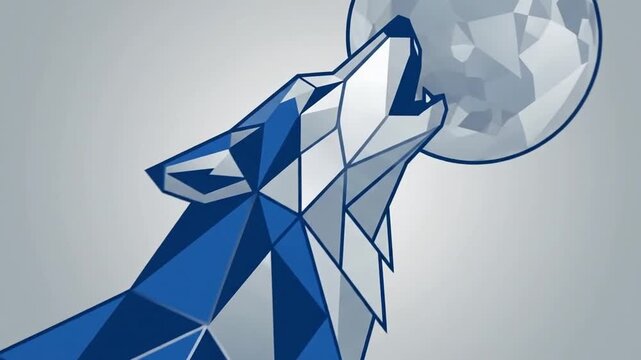 A geometric blue wolf howling at a stylized full moon graphic