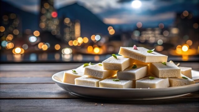 Indian Kaju Katli dessert on a white plate isolated on a dark background with a blurred cityscape in the background , indian dessert, kaju halwa