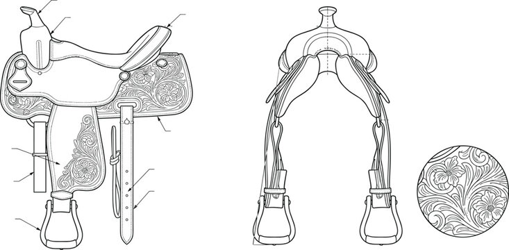 Technical CAD drawing western horse saddle blueprint multi-view vector outline layout with floral tooling details