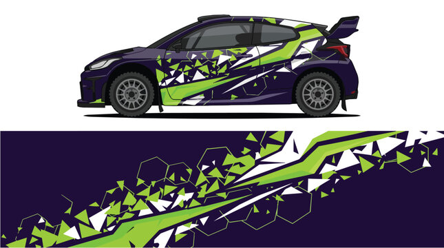 Car Wrap Design with Geometric Shatter Decal in Purple and Green