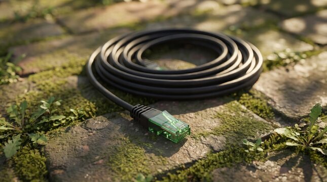 Black ethernet network cable coiled neatly on stone outdoor floor