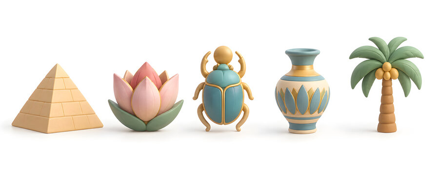 Cute Pastel 3D Icon Set Of Egyptian Pyramid Lotus Scarab And Palm Tree
