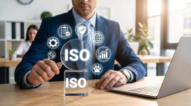 Businessman holding magnifying glass examining iso standard quality control symbols