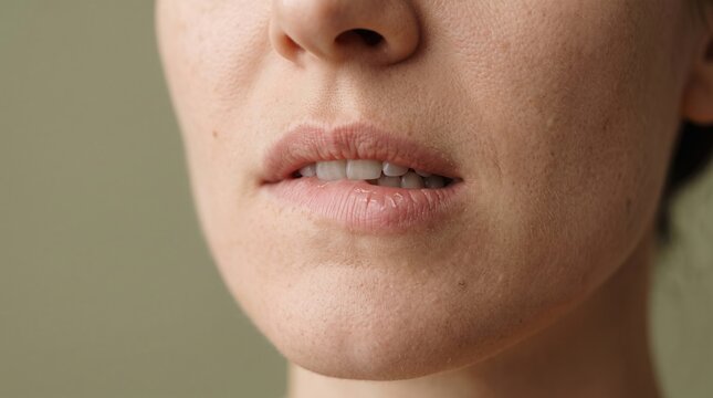 Close-up of woman's lower face nervously biting her dry, chapped lips
