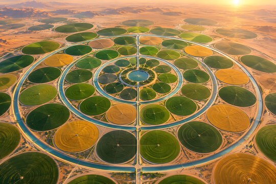 Aerial View Of Circular Desert Irrigation Fields Forming Geometric Pattern In Egypt