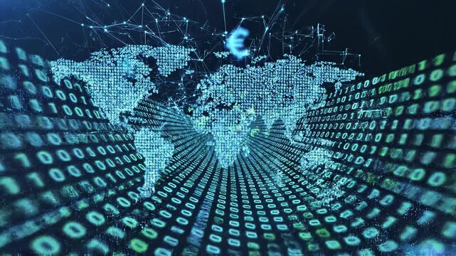 Digital globe with binary code and currency symbols in motion during a global financial network concept with cinematic lighting