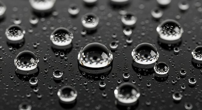 Spherical water droplets reflecting light on a dark shiny black surface