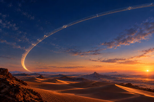 Giant Megastructure Ring Arching Across Sky Above Desert Dunes At Dusk
