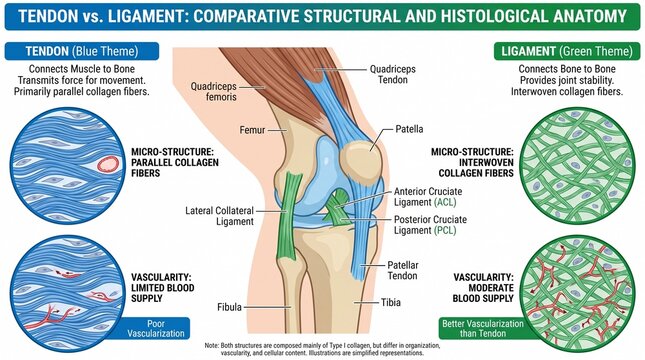 Medical infographic comparing human tendon and ligament anatomy