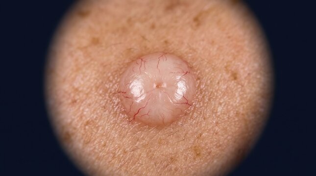 Dermoscopic macro view of a raised skin nodule with telangiectasia suggesting basal cell carcinoma