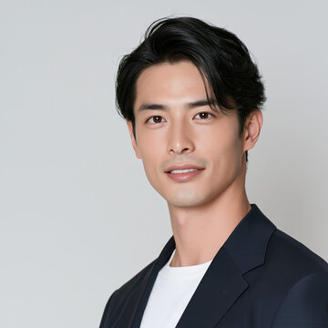日本人男性, 男性, 若い男性, イケメン, 俳優風, ポートレート, 人物, 顔, 笑顔, ビジネスマン, ビジネス, スーツ, ジャケット, ファッション, ヘアスタイル, 黒髪, 茶髪, 金髪, 清潔感, 爽やか, 美容, メンズビューティー, モデル, スタジオ撮影, 白背景, ベージュ背景, コピースペース, バナー素材, 広告, 広告素材, 人物素材, プロフィール, 証明写真風, 上