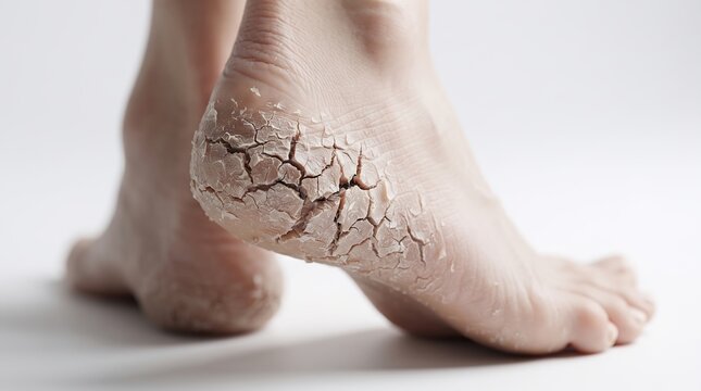 Extreme close-up of severely dry cracked and fissured skin on heel of bare foot, podiatry and xerosis