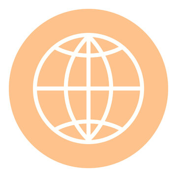 White globe icon with grid lines on orange circle vector illustration. Global business, international travel, web connectivity, logistics, environment, geography. Earth sphere symbol on round